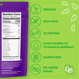 Nutrition label and certification icons on a green and purple background