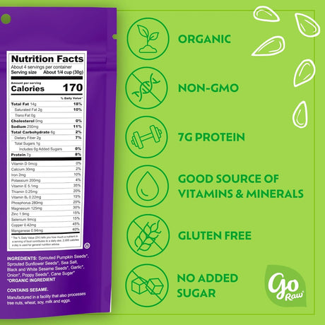 Nutrition label and certification icons on a green and purple background