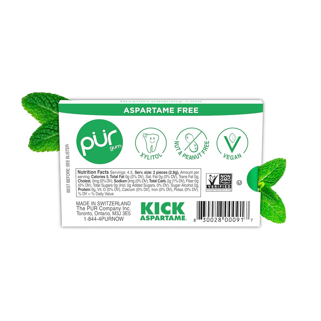 Pur gum packaging with green leaves on a white background