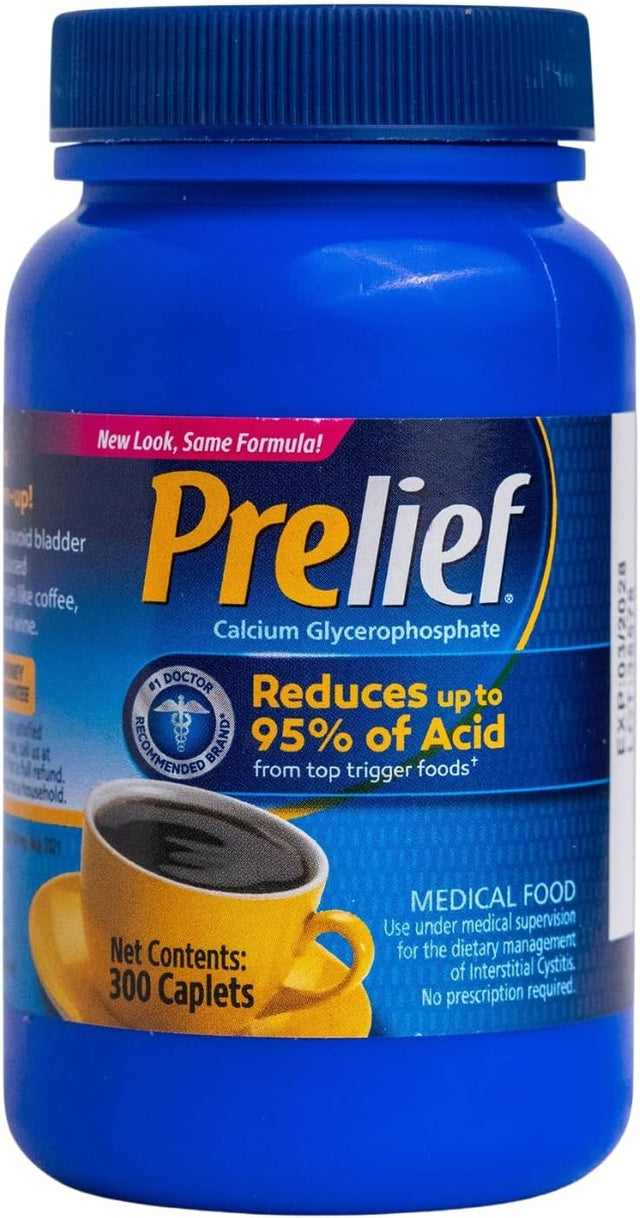 Blue container of Prellief with a coffee cup graphic on a white background