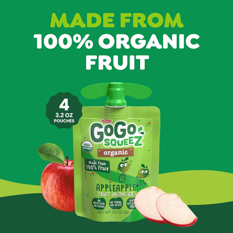 GO GO SQUEEZ organic apple pouch with an apple and slices on a green background
