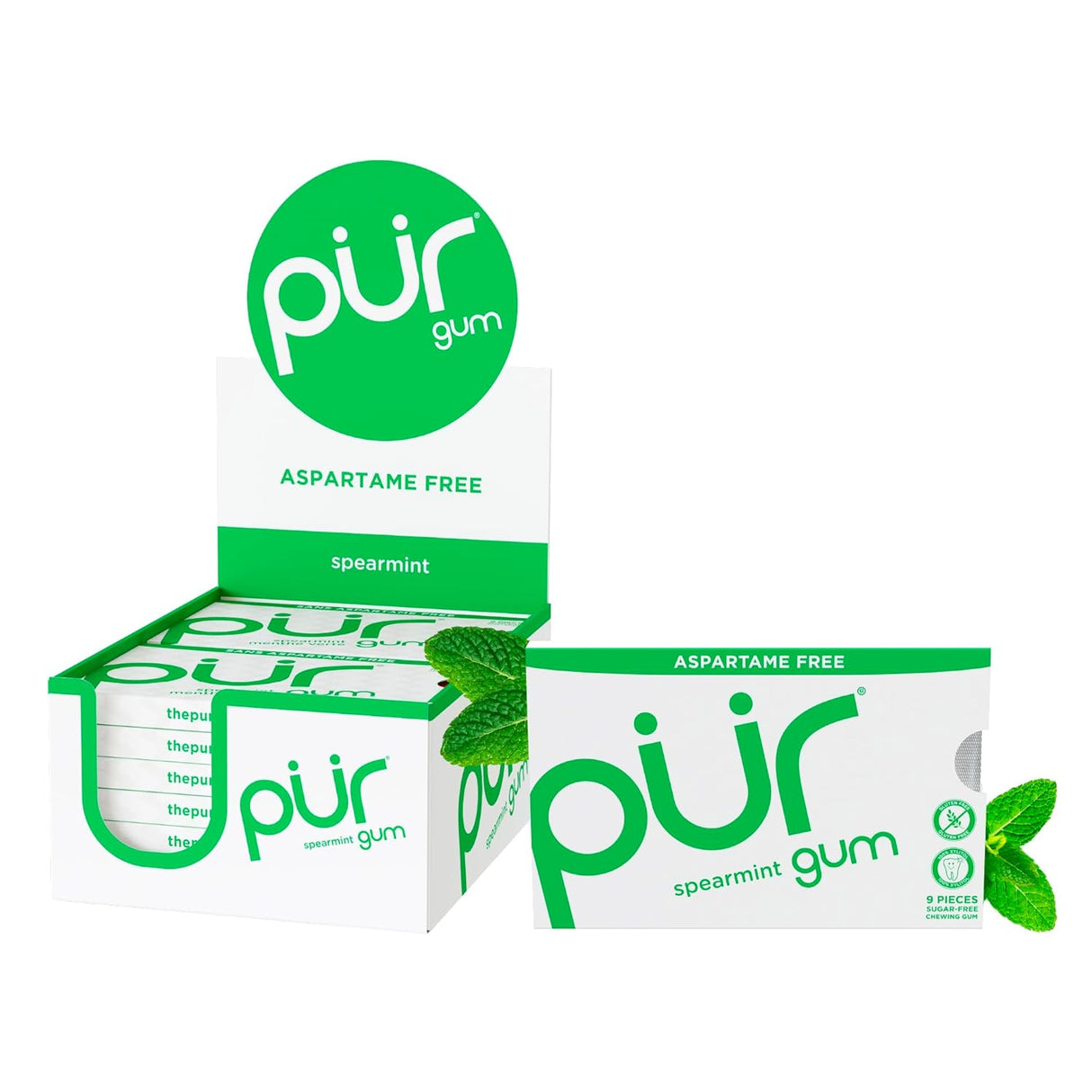 Pur gum packaging with spearmint flavor on a white background