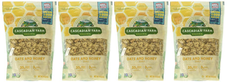 Four packages of Cascadian Farm Oats and Honey on a white background
