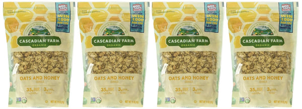 Four packages of Cascadian Farm Oats and Honey on a white background