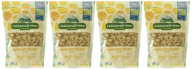 Four packages of Cascadian Farm Oats and Honey on a white background
