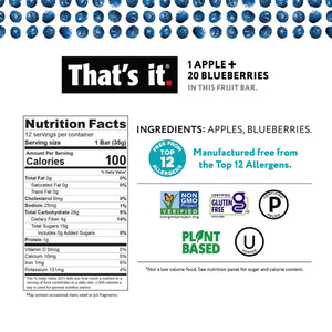 That's It Apple and Blueberry Fruit Bars, 100% Real Fruit, Gluten Free, Non-GMO, 1.2 oz Bars, Case of 12