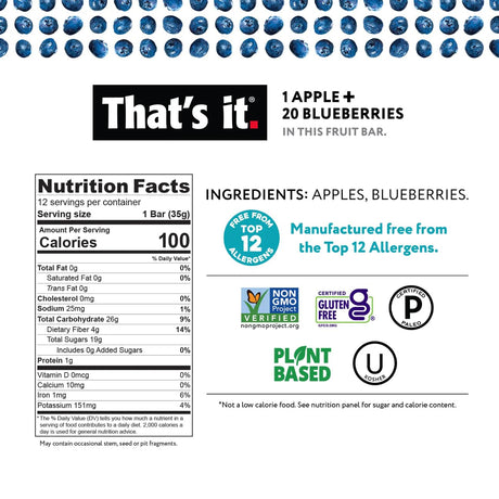 That's It Apple and Blueberry Fruit Bars, 100% Real Fruit, Gluten Free, Non-GMO, 1.2 oz Bars, Case of 12