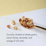 Spoonful of granola with text describing ingredients on a marble surface.