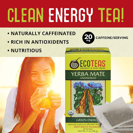 Ecoteas Unsmoked Organic Yerba Mate Green Energy Tea Bags, 6-Pack of 24 Bags
