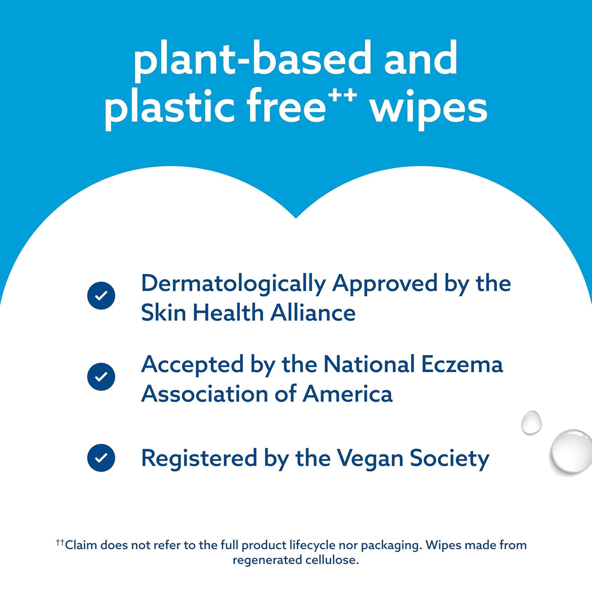 Promotional graphic for plant-based and plastic-free wipes with certification logos on a blue background.