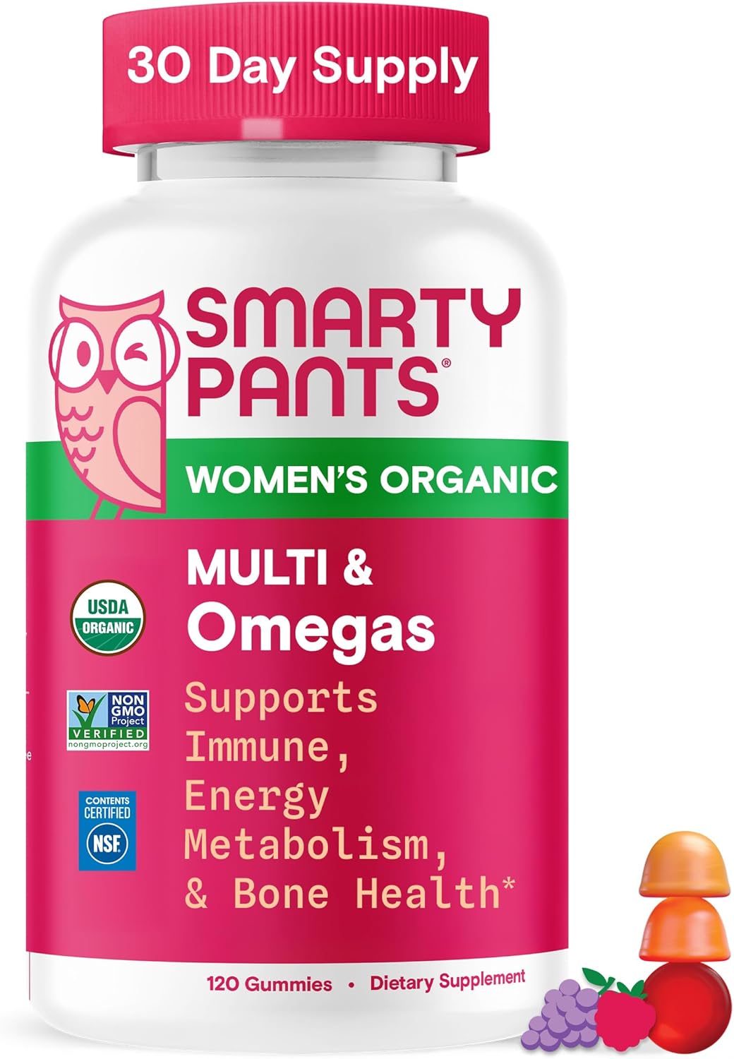 SmartyPants Women's Organic Multi & Omegas supplement bottle on a white background
