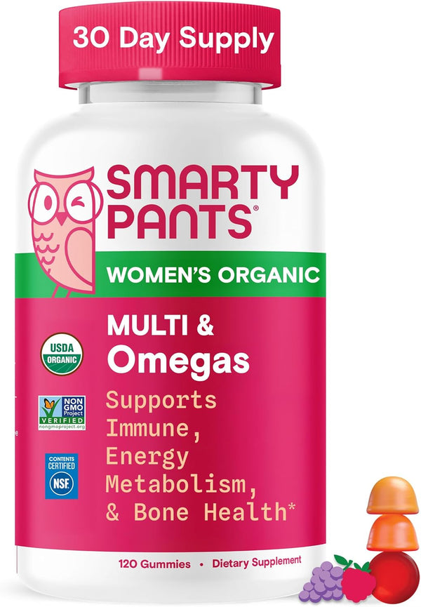 SmartyPants Women's Organic Multi & Omegas supplement bottle on a white background