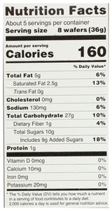 Nutrition facts label for a product with 8 wafers, showing calories, fat content, carbohydrates, and more.