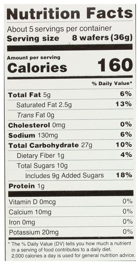 Nutrition facts label for a product with 8 wafers, showing calories, fat content, carbohydrates, and more.