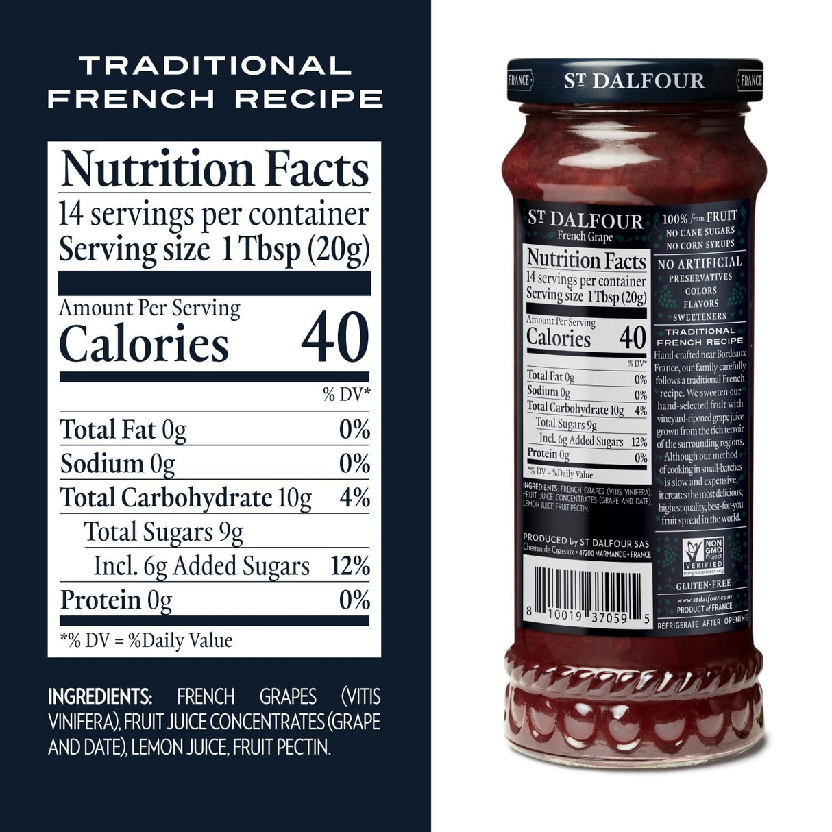 St. Dalfour grape spread jar with nutrition facts label on a white background