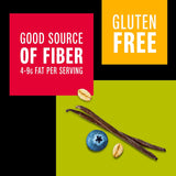Vanilla beans, blueberries, and almonds on a green background with fiber and gluten-free text.