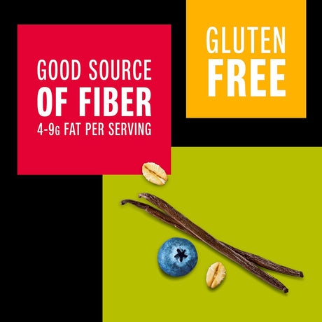 Vanilla beans, blueberries, and almonds on a green background with fiber and gluten-free text.