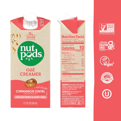 Nutpods Unsweetened Cinnamon Swirl Oat Creamer, 11.2 fl oz (Case of 12)