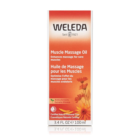 Weleda Muscle Massage Oil packaging on a white background