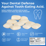 Gum packaging with dental benefits and product features on a blue background