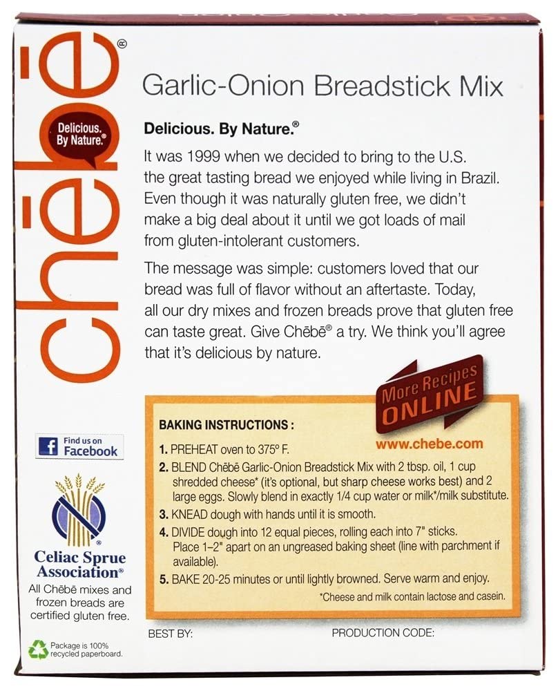 Chebe Garlic-Onion Breadstick Mix packaging with text and branding details.
