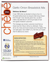 Chebe Garlic-Onion Breadstick Mix packaging with text and branding details.