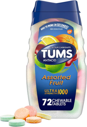 TUMS Assorted Fruit antacid packaging on a white background
