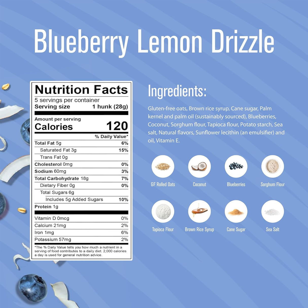 Nutrition facts and ingredients label for Blueberry Lemon Drizzle on a blue background with ingredient icons.