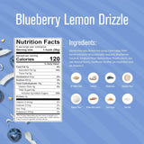Nutrition facts and ingredients label for Blueberry Lemon Drizzle on a blue background with ingredient icons.