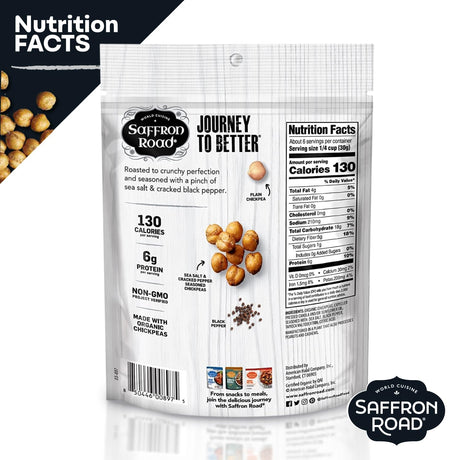 Saffron Road chickpea snack package with nutrition facts on a white background
