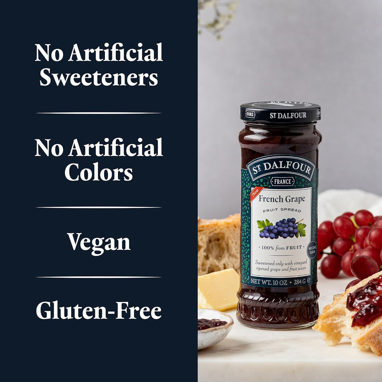 St. Dalfour French Grape jam bottle with product details on a dark blue background