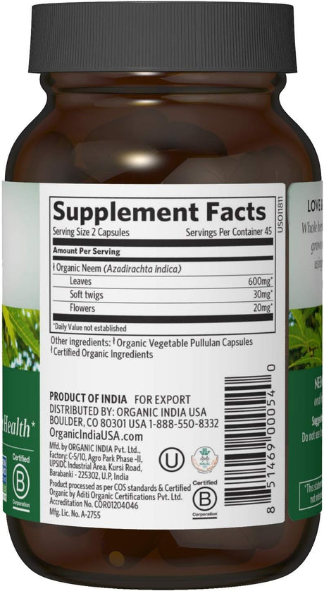 Organic India Neem Whole Herb Supplement, 90 Capsules