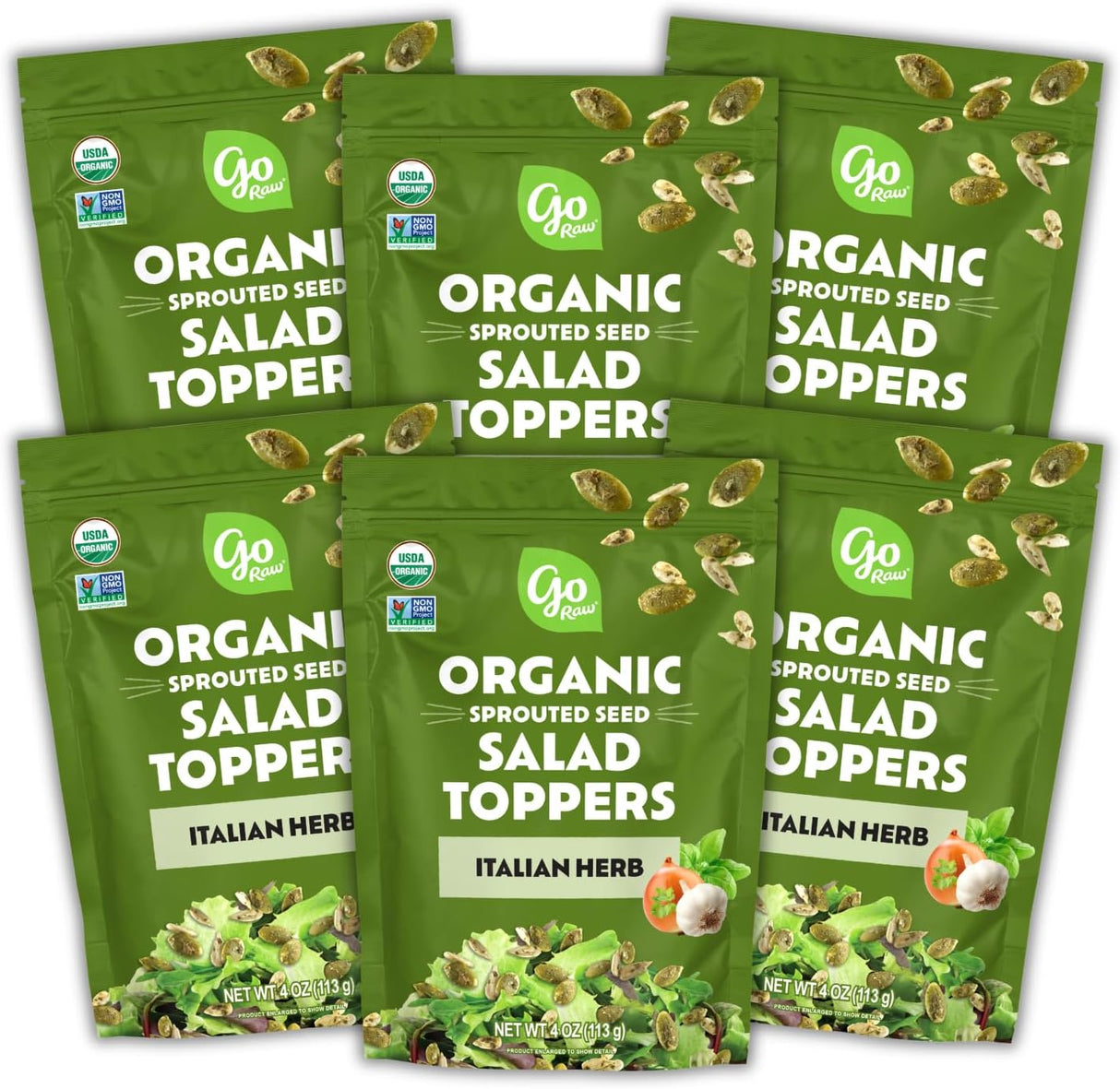 Six packages of Go Raw Organic Sprouted Seed Salad Topper on a white background