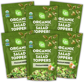 Six packages of Go Raw Organic Sprouted Seed Salad Topper on a white background