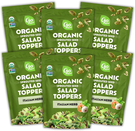 Six packages of Go Raw Organic Sprouted Seed Salad Topper on a white background