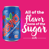 Zevia cherry cola zero calorie soda can on a pink background with text.