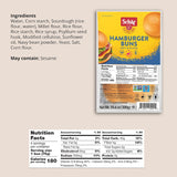 Schar Hamburger Buns packaging with ingredients list and nutrition facts on a beige background