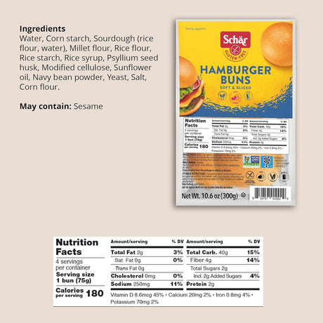 Schar Hamburger Buns packaging with ingredients list and nutrition facts on a beige background