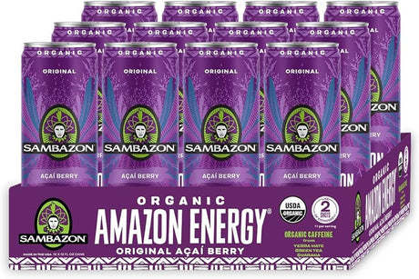Multiple boxes of Sambazon Organic Amazon Energy Acai Berry drink on a white background