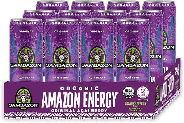 Multiple boxes of Sambazon Organic Amazon Energy Acai Berry drink on a white background