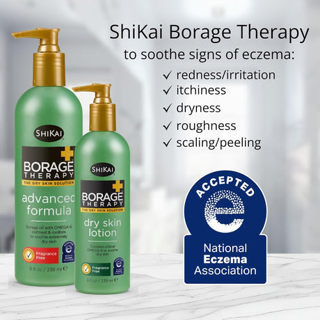 Shikai Borage Therapy dry skin lotion bottles with product features and National Eczema Association acceptance badge on a blurred background.
