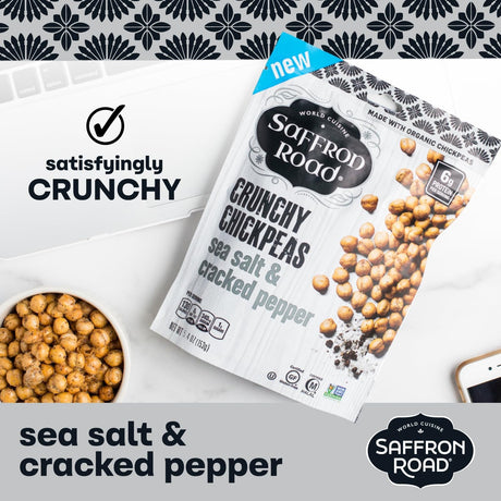 Saffron Road crunchy chickpeas packaging with chickpeas in a bowl and smartphone on a patterned background