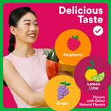 Woman holding a bag of chips with flavor options displayed on a pink background