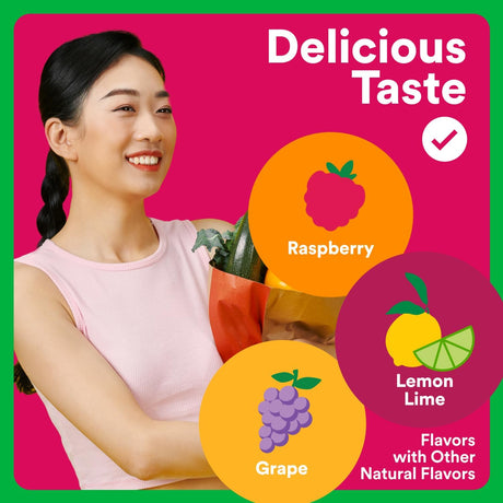 Woman holding a bag of chips with flavor options displayed on a pink background