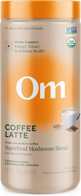 Om Coffee Latte supplement container with orange lid and white label.