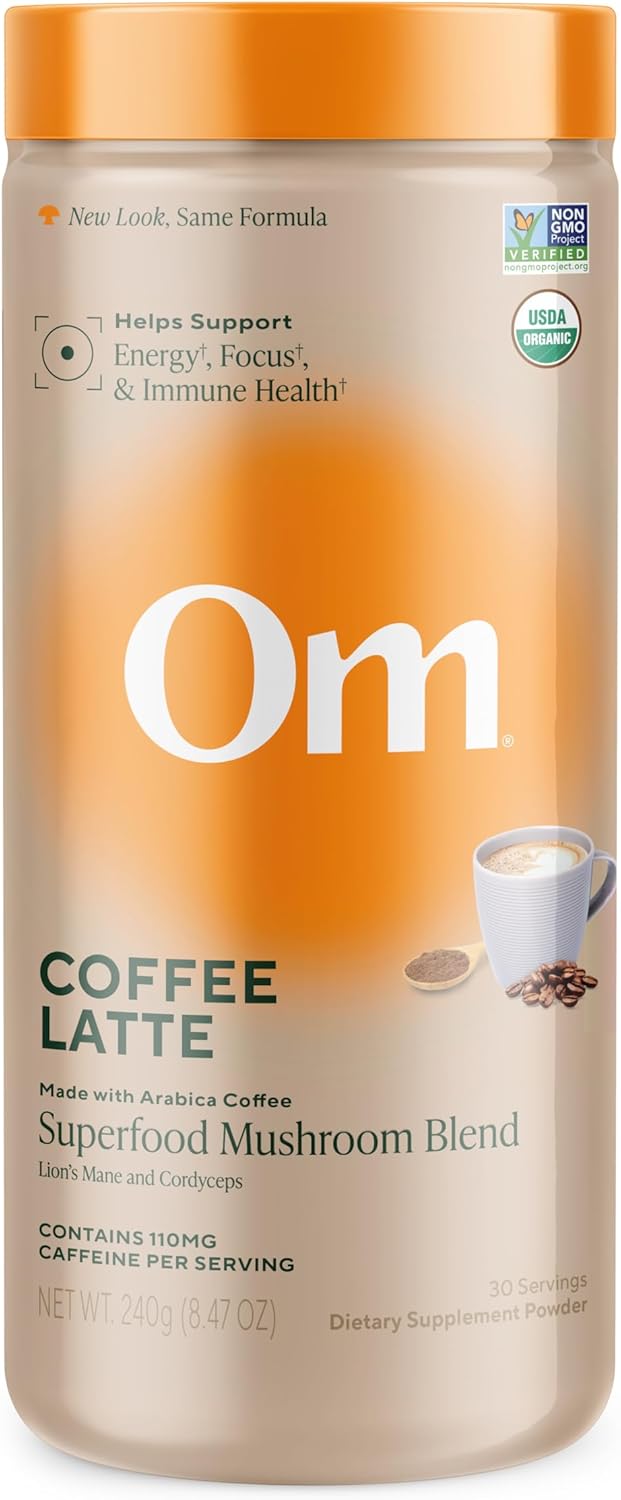 Om Coffee Latte supplement container with orange lid and white label.