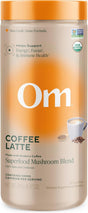 Om Coffee Latte supplement container with orange lid and white label.