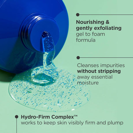 Blue bottle dispensing a gel onto a green surface with text about the product's benefits.