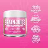 Container of BrainJuice daily brainpower mix on a pink background