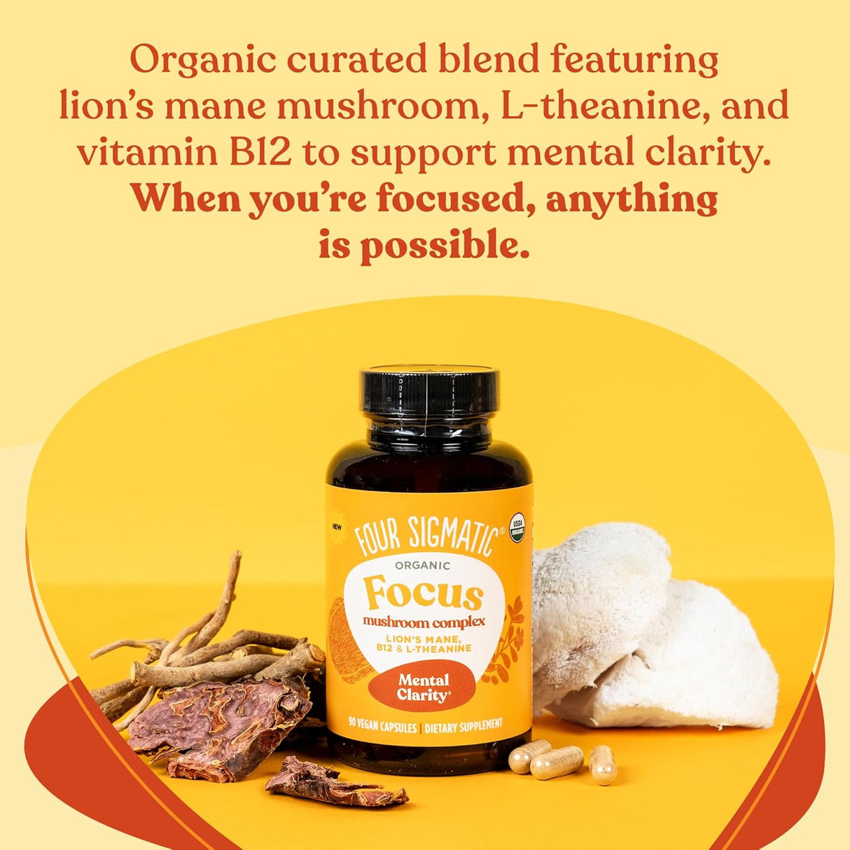 Four Sigmatic Focus mushroom complex bottle with lion's mane mushroom, L-theanine, and vitamin B12 on a yellow background.